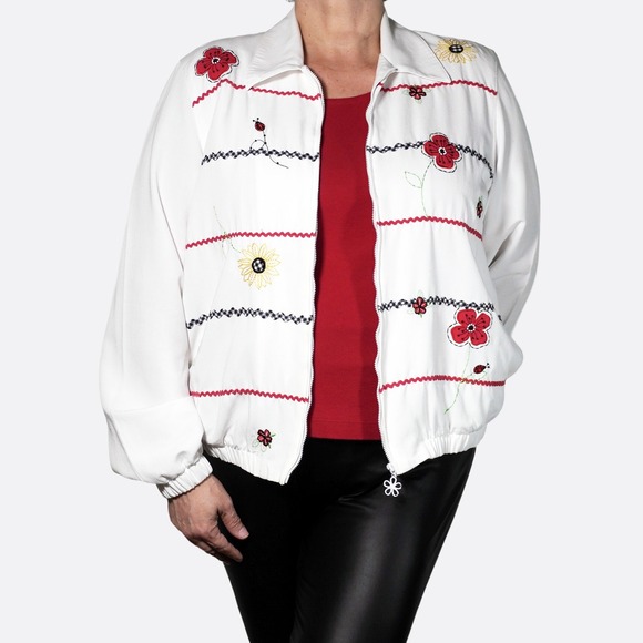 Alfred Dunner Jackets & Blazers - Alfred Dunner Vintage 00s White Embroidered Floral Ladybug Zip Jacket 1X Retro